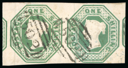 Stamp of Great Britain 1847-54 Embossed 1s green pair, with close to huge margins, neatly cancelled