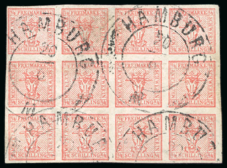 1856, 4/4s vermilion, block of three used
