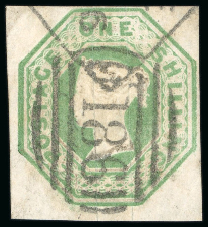 Stamp of Great Britain 1847-54 Embossed 1s pale green, with close to very large margins, neatly cancelled by Dublin "186" spoon