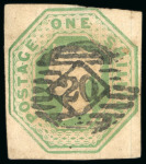 1847-54 Embossed 1s pale green, with close to very large margins, neatly cancelled by Dublin "186" spoon