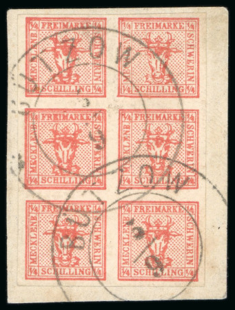 1856, 6/4s vermilion, vertical block of six designs, used on piece