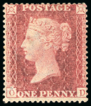Stamp of Great Britain 1856-58, 1d rose-red die II wmk large crown on white paper perf.16 OD mint o.g (faulty) and perf.14 mint o.g. top marginal block of four
