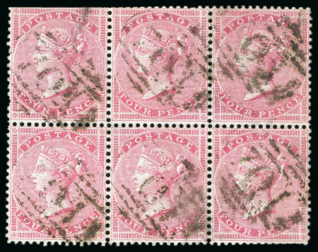 Stamp of Great Britain 1855-80, Small Surface Printed used group incl. 1855-57 wmk small garter 4d block of six