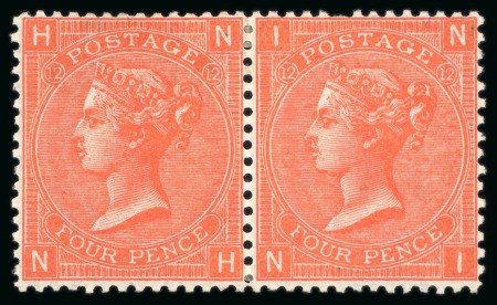 Stamp of Great Britain 1865-67 4d deep vermilion, unused, pl.12 pair (pulled
