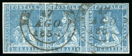 1851, 2cr light blue on greyish, used strip of three