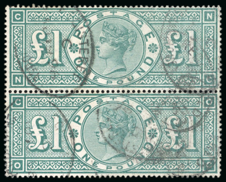 Stamp of Great Britain 1891 £1 green NC-OC vertical pair cancelled by several registered oval ds