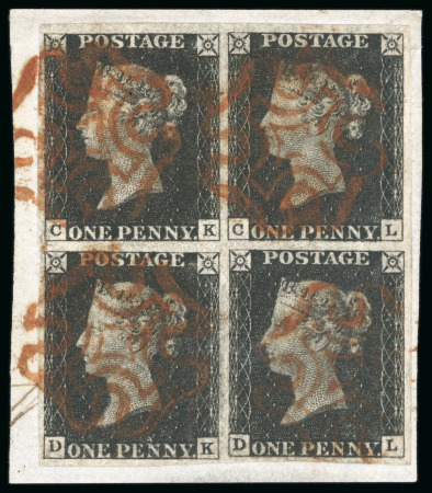 Stamp of Great Britain 1840, 1d black pl.2 CK/CL block of four, good to large margins, tied to piece by four crisp red Maltese Crosses