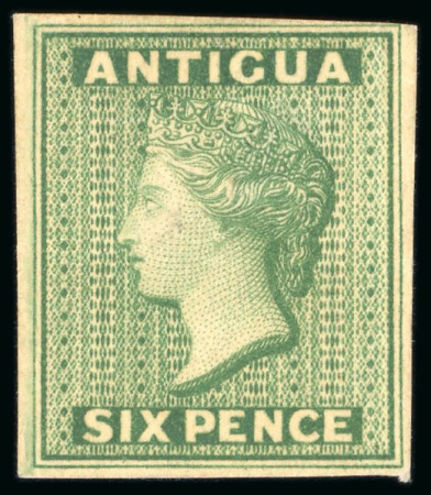 Stamp of Antigua & Barbuda 1862 No Wmk 6d yellow-green, imperforate proof, slight