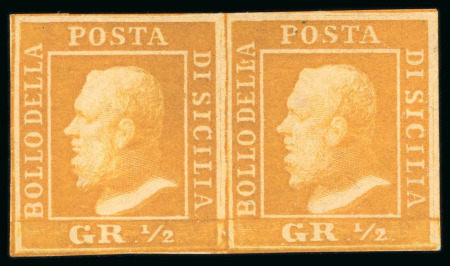 1859, 1/2gr orange, plate II, a mint pair 