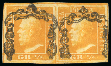 1859, 1/2gr orange, plate I, Naples paper, used pair