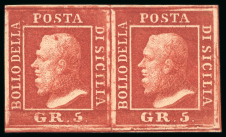 1859, 5gr carmine, plate I, mint pair