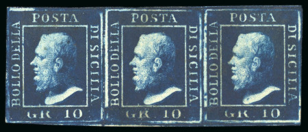 1859, 10gr dark blue, a large margined strip of three, mint