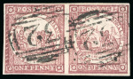 1850 Sydney View pl.I 1d red (oxidised colour) on soft yellowish paper in pair with fine to good margins, used