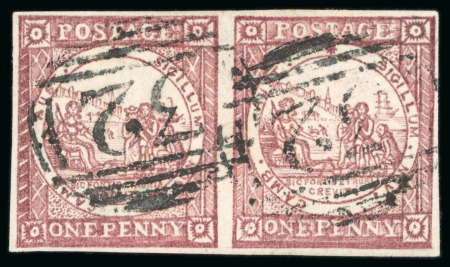 Stamp of Australia » New South Wales 1850 Sydney View pl.I 1d red (oxidised colour) on soft yellowish paper in pair with fine to good margins, used