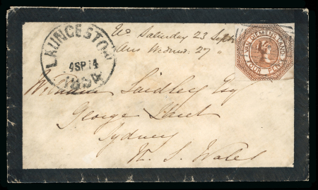 Stamp of Australia » Tasmania 1853 Courier 4d bright red-orange, plate 1, state 1, touched on two sides, on 1854 (Sep 14) mourning envelope 