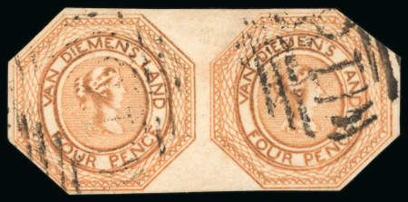 Stamp of Australia » Tasmania 1853 Courier 4d dull orange pl.II pair and yellowish orange single