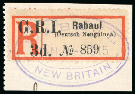 1915 "G.R.I. / 3d." on Rabaul (Deutsch Neuguinea)" registration label tied to piece