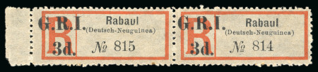 1915 "G.R.I. / 3d." on Rabaul (Deutsch Neuguinea)" registration label unused pair