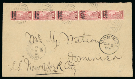 1876-83 1d strip of five bisects tied on cover front