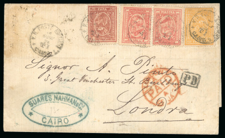 5pa. brown, 1pi. rose-red, two singles & 2pi. yellow, tied on 1874