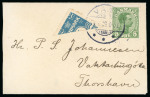 Stamp of Faroe Islands 1919 4öre blue postal stationery cut-out diagonally bisected on with 5öre green tied by Vaag 16.1.19 cds to small envelope