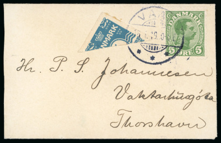 1919 4öre blue postal stationery cut-out diagonally bisected on with 5öre green tied by Vaag 16.1.19 cds to small envelope