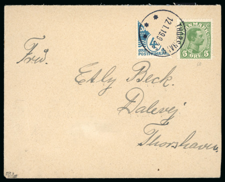 1919 4öre blue diagonally bisected with 5öre green tied by Thorshavn 12.1.19 cds
