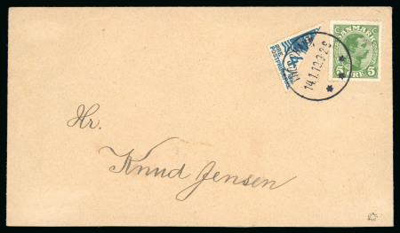 1919 4öre blue diagonally bisected with 5öre green tied by Thorshavn 14.1.19 cds