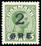 Stamp of Faroe Islands 1919 2öre on 5öre green mint