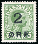 Stamp of Faroe Islands 1919 2öre on 5öre green mint o.g.