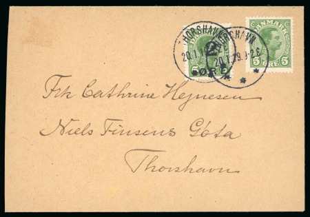 Stamp of Faroe Islands 1919 2öre on 5öre green along with 5öre green tied by Thorshavn 20.1.19 cds to envelope
