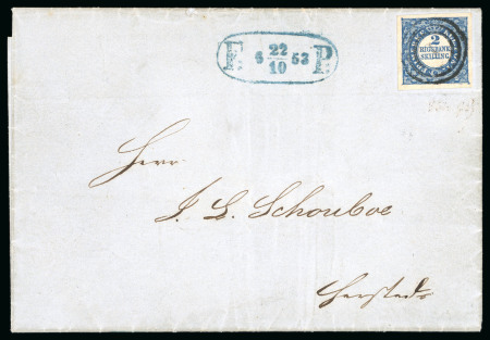 Stamp of Denmark 1851, 2rbs Thiele Second Printing, pl.I pos.29, with good to large margins, used on printed matter entire