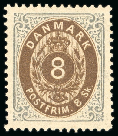 Stamp of Denmark 1870-74 8sk dark chocolate brown and bluish grey, 1st printing, mint n.h.