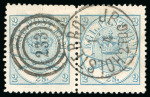 Stamp of Denmark 1864-70 2sk light green-blue line perf.12 1/2 in pair with crisp "233" duplex of Holstebro