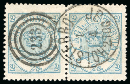 1864-70 2sk light green-blue line perf.12 1/2 in pair with crisp "233" duplex of Holstebro