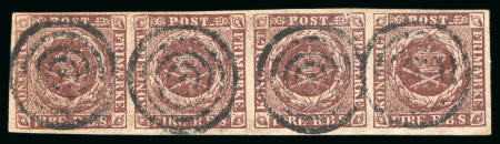 1852 4rbs red-brown, Thiele 1st printing, pl.II pos. 91-94, strip of four