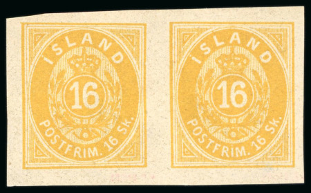 Stamp of Iceland 1873 16sk yellow imperf. pair