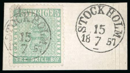 1855 3sk bluish green tied to piece by Stockholm cds with further strike adjacent