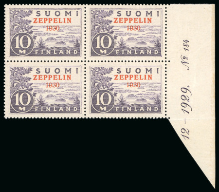 Stamp of Finland 1930 Zeppelin 10m mint n.h. right marginal plate block of four