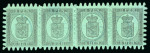 1866-67 8p black on green paper, roulette III, in used strip of four