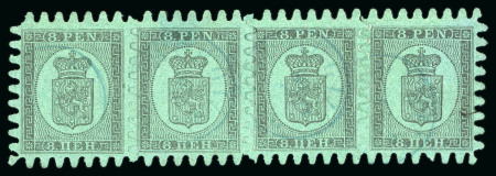 Stamp of Finland 1866-67 8p black on green paper, roulette III, in used strip of four