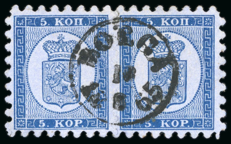 Stamp of Finland 1866-67 5k violet-blue on blue paper, roulette I, in used pair