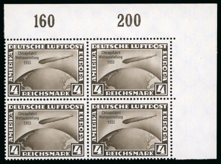 Stamp of Germany 1933 Chicago Zeppelin Flight 4M black-brown mint n.h. top right corner marginal block of four