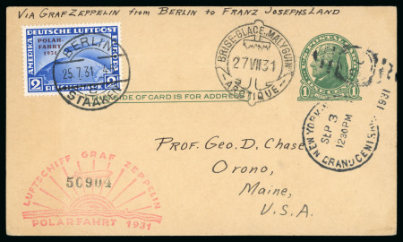 Stamp of Germany 1931 Polar Zeppelin Flight 2M in mixed franking with US 1c Jefferson postal stationery card