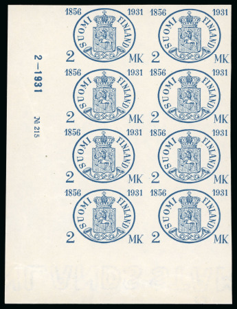 Stamp of Finland 1931 Stamp Jubilee set of two in imperf. lower left corner plate blocks of 8