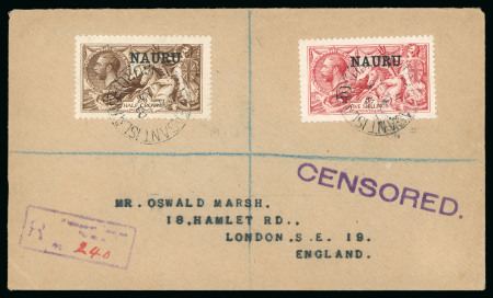 1916-23 De La Rue 2s6d very deep brown and 5s bright carmine tied to Oswald Marsh cover from Pleasant Island