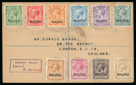 1916-23 1/2d to 1s (excl. 1 1/2d) on Oswald Marsh cover and 1s single franking to England