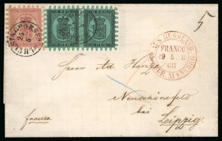 Stamp of Finland 1866-67, 8p on ordinary green paper, roulette III, two examples plus a 40p on ordinary paper, roulette III, tied to cover to Germany