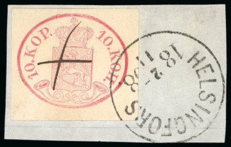 1850, 10kop carmine rose, very good to very large margins, tied to piece by near complete Helsingfors cds