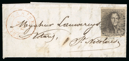Stamp of Belgium 1849 Epaulettes 10c brown, fine to very good margins, tied by neat "113" numeral of Tamisse to small wrapper